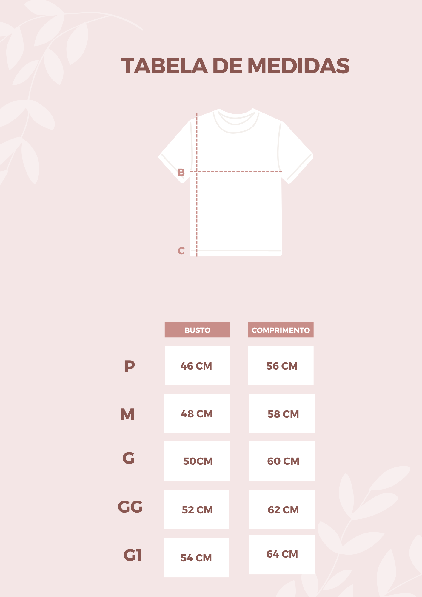 tabela de medidas t-shirts